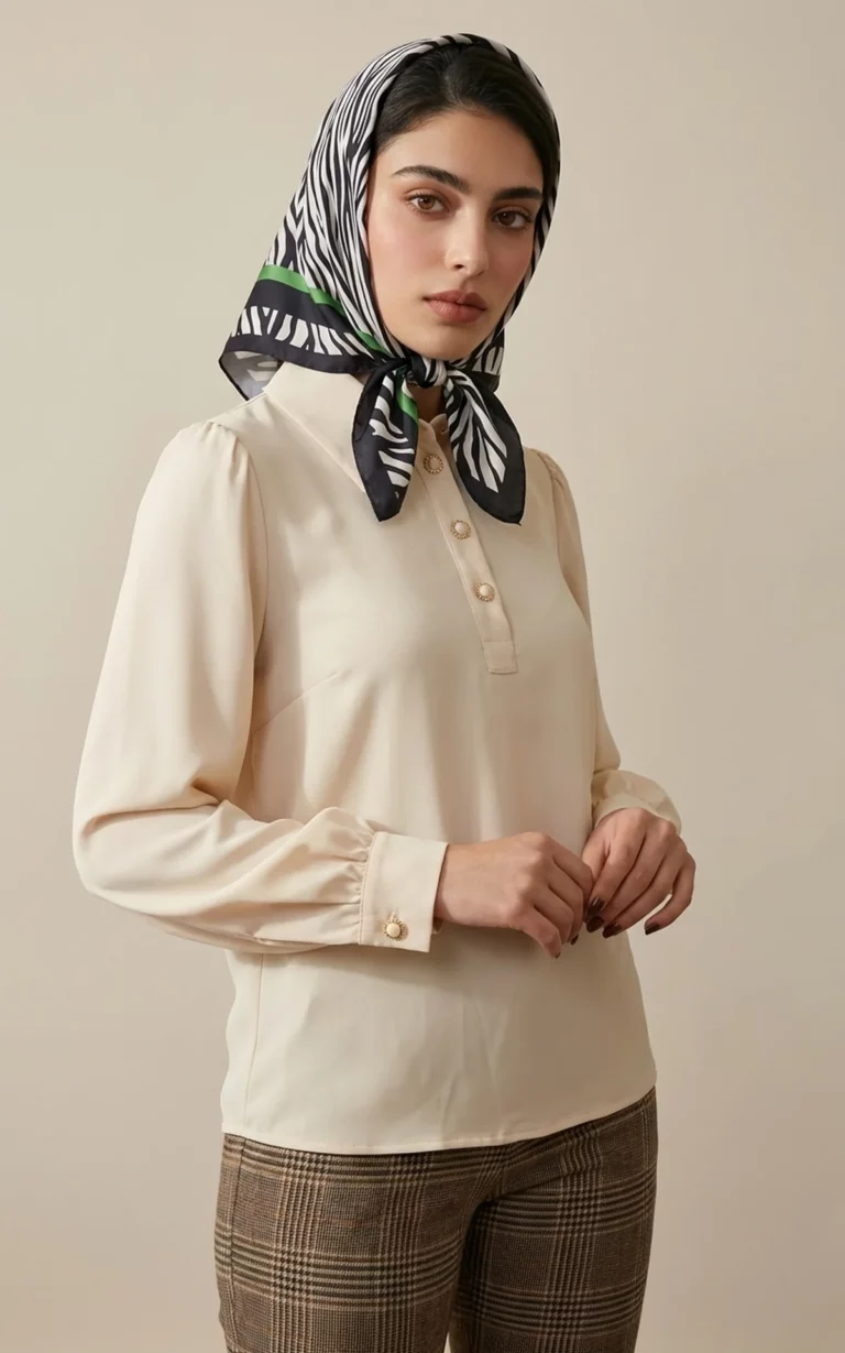 بلوز زنانه کرمی رنگ آستین بیشاپ پاییز-زمستانه نوادو