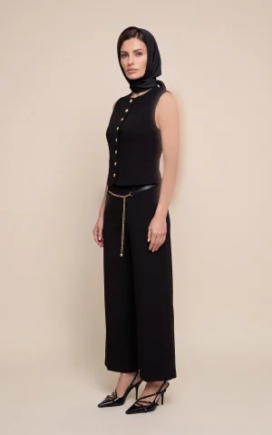 شلوار زنانه مشکی پاچه گشاد با کمربند زنجیردار nevado کد 405023071908 - تصویر 2