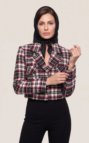 کت زنانه کوتاه چهارخانه زرشکی مشکی و کرم nevado کد 404013181560 - تصویر 2