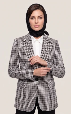 کت زنانه چهارخانه ریز مشکی سفید یقه انگلیسی تک دکمه nevado کد 404018011603 - تصویر 2