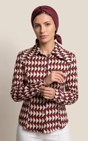 شومیز زنانه طرح‌دار زرشکی و کرم آستین بلند nevado کد 404112441838 - تصویر 2