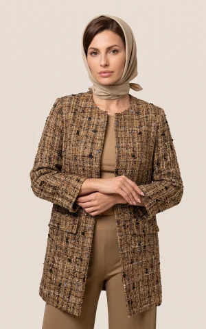 کت زنانه بلند طرح‌دار قهوه‌ای یقه گرد  nevado کد 404113171439 - تصویر 2