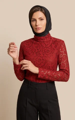 بلوز زنانه زرشکی گل‌دار آستین بلند یقه ایستاده nevado کد 405012351919 - تصویر 2