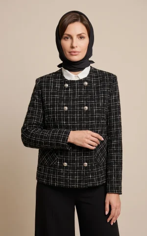 کت زنانه مشکی چهارخانه یقه گرد با دکمه‌های نقره‌ای nevado کد 405013041901 - تصویر 2