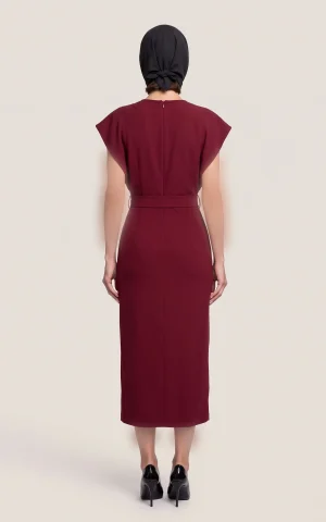 پیراهن زنانه زرشکی میدی یقه دراپه کمربنددار چاک‌دار nevado کد 405014191876 - تصویر 5