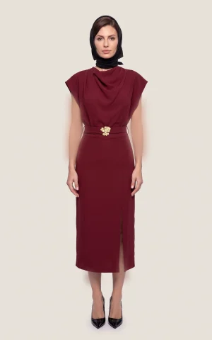 پیراهن زنانه زرشکی میدی یقه دراپه کمربنددار چاک‌دار nevado کد 405014191876 - تصویر 4