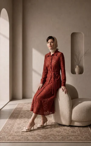 پیراهن زنانه زرشکی میدی گل‌دار دکمه‌ای کمربنددار nevado کد 405014261919 - تصویر 3