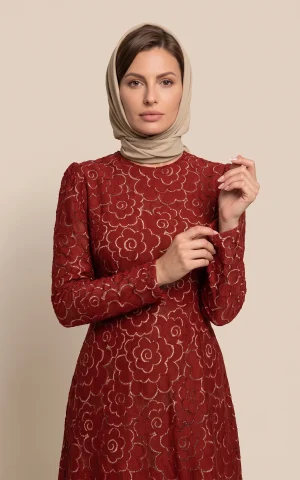 پیراهن زنانه زرشکی کوتاه آستین بلند با طرح گل  nevado کد 405014431919 - تصویر 2