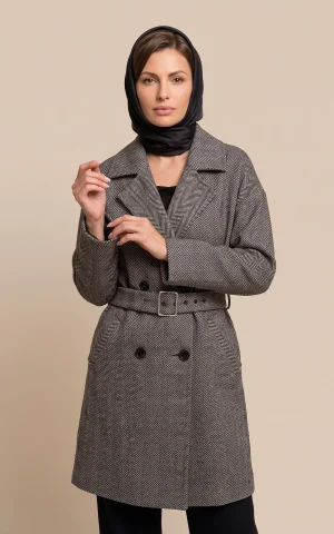 پالتو زنانه طرح‌دار طوسی یقه برگردان کمربنددار nevado کد 405018011900 - تصویر 2