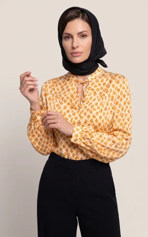 شومیز زنانه طرح‌دار کرم و نارنجی آستین بلند nevado کد 405112132027 - تصویر 2
