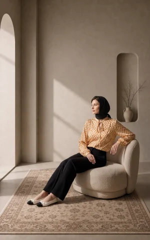 شومیز زنانه طرح‌دار کرم و نارنجی آستین بلند nevado کد 405112132027 - تصویر 3