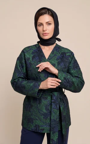 کت زنانه طرح‌دار سبز و سرمه‌ای کمربنددار nevado کد 405113272064 - تصویر 2