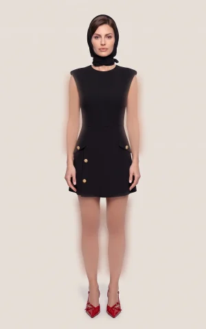 پیراهن زنانه مشکی کوتاه بدون آستین با دکمه طلایی nevado کد 405114111999 - تصویر 4